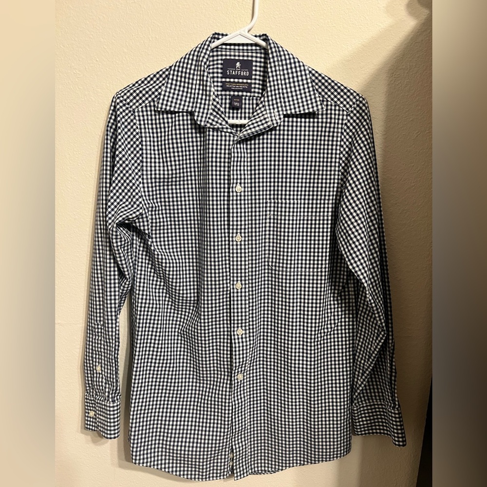 Blue gingham button-up shirt